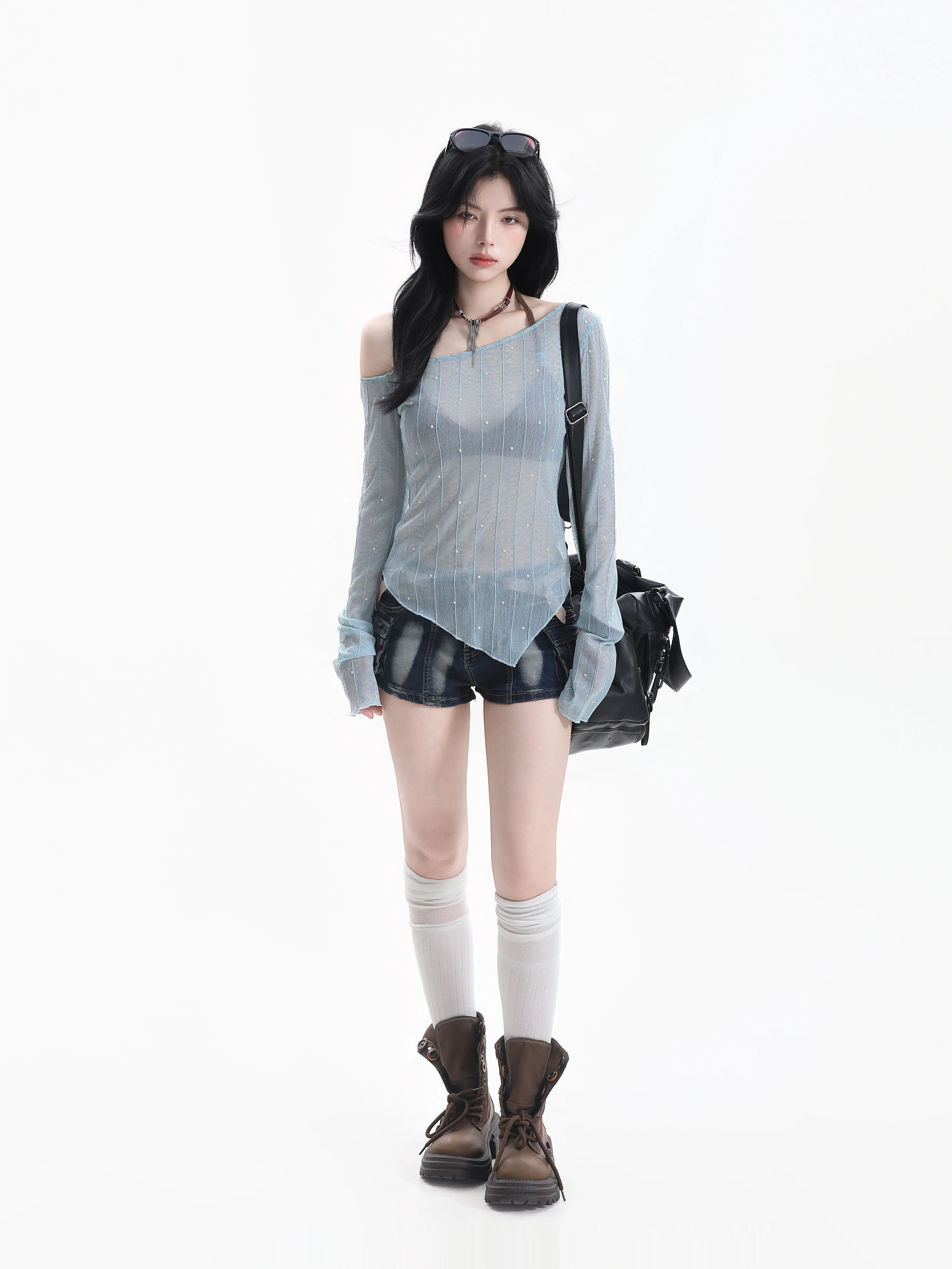 Sexy Slim Fit Long Sleeve T-Shirt Set Micro Translucent Summer Casual Wear for Young Women Comfortable Breathable Polyester B...