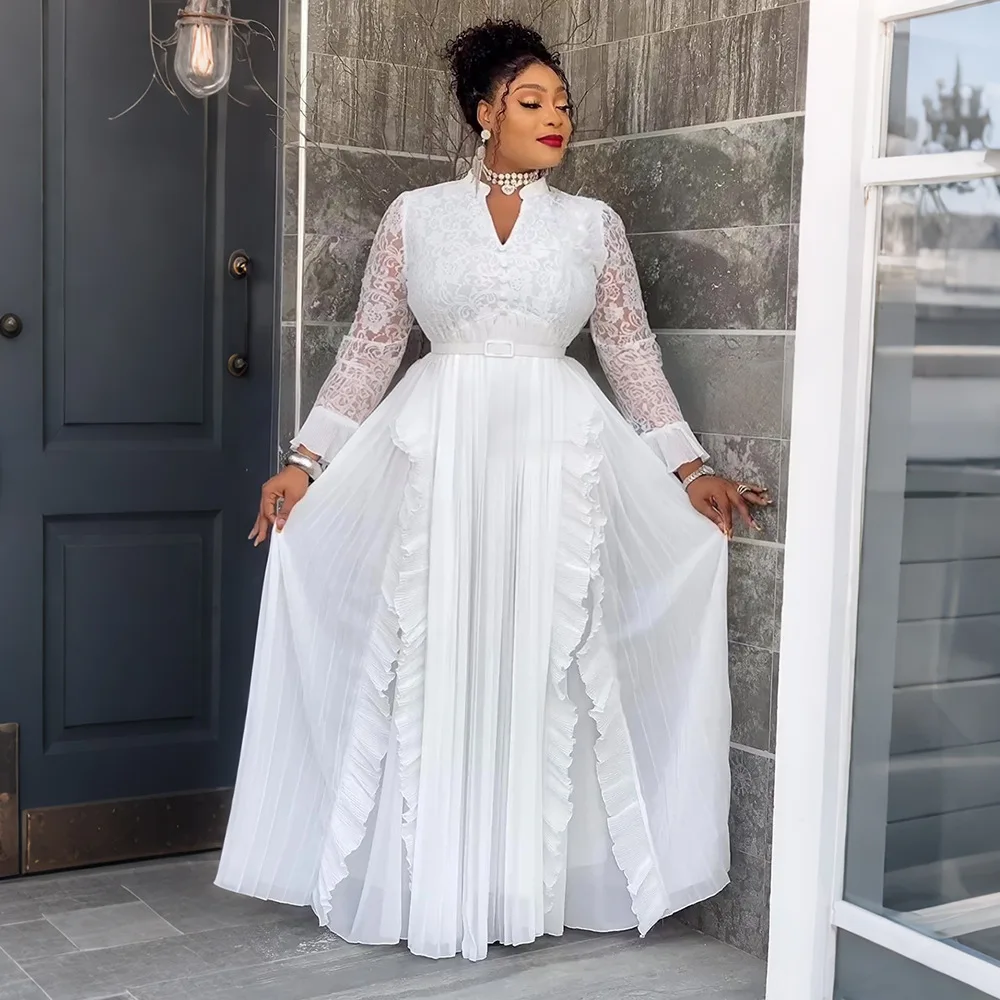 Elegant Lace Patchwork Maxi Dress African Dresses For Woman Ruffles Long Sleeve Long Dress Africa Clothing Partyclub Robe