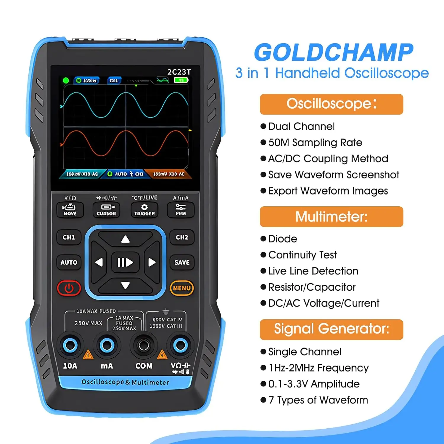 2C23T 3-in-1 Digital Oscilloscope Multimeter with DDS, 10MHz, 50MSa/s, Dual Channel, 10000 Counts, Voltage/Current/Capacitance