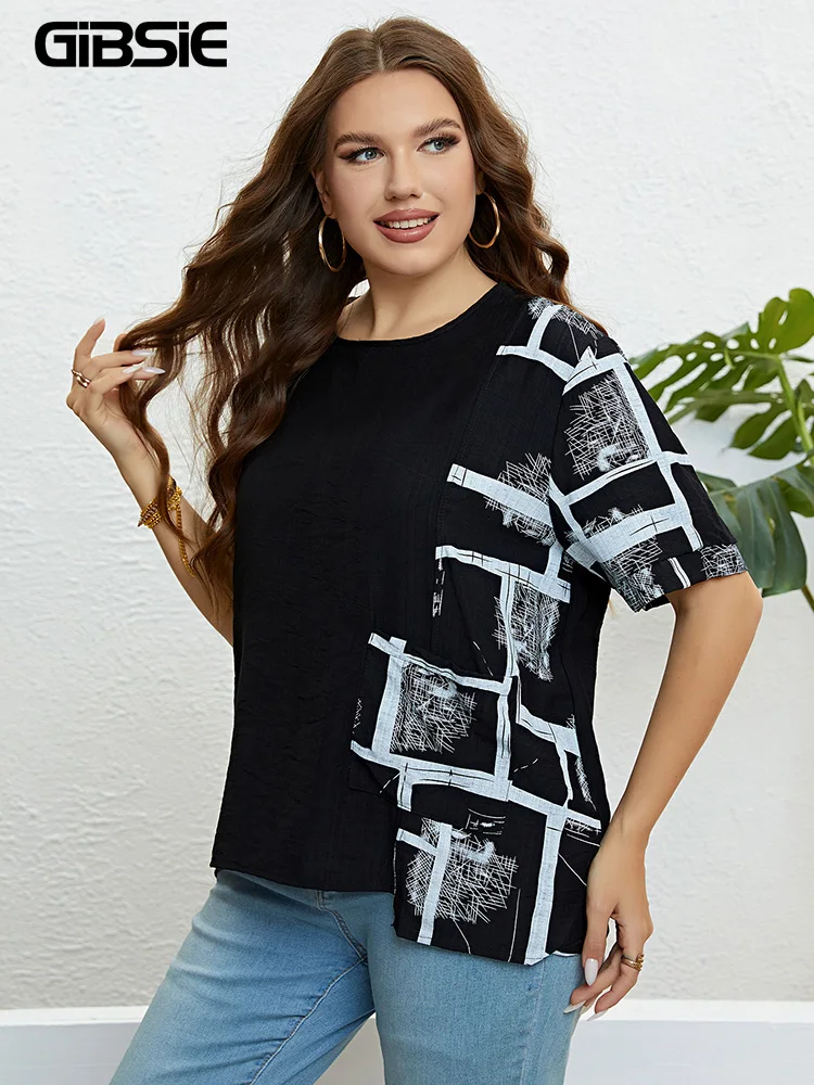 GIBSIE-Camiseta holgada con bolsillo de parche para mujer, Tops informales de manga corta con cuello redondo, moda coreana, talla grande, 2023