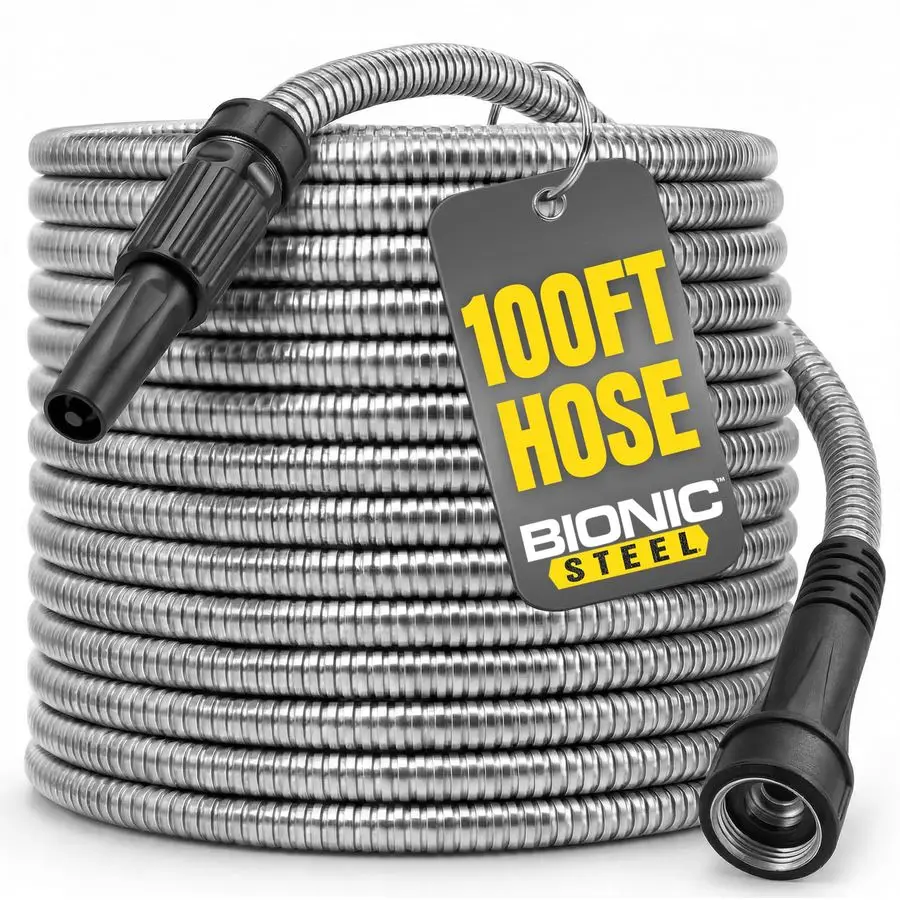 

Металлический садовый шланг длиной 100 футов с насадкой-распылителем, усиленный, из нержавеющей стали, не перекручивается, 100 футов x 5/8 дюйма. Гибкий