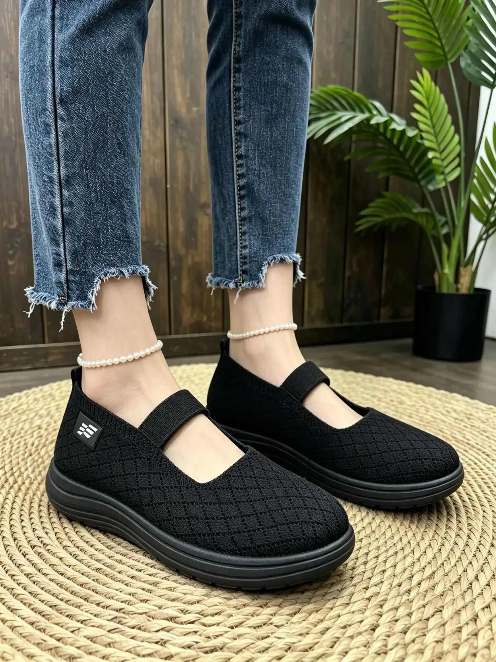 Damen Herbst Mary Jane Plateau-Flats aus Strick-Mesh, atmungsaktiv, mit elastischem Riemen, weich, rutschfest, leicht, für den täglichen Gebrauch. – Detail 3