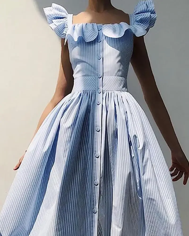 Striped Square Neck Flutter Sleeve Sweet Dress Women Ruffles Maxi Dresses Summer 2024 Cottagecore Sundress Boho Casual Vocation