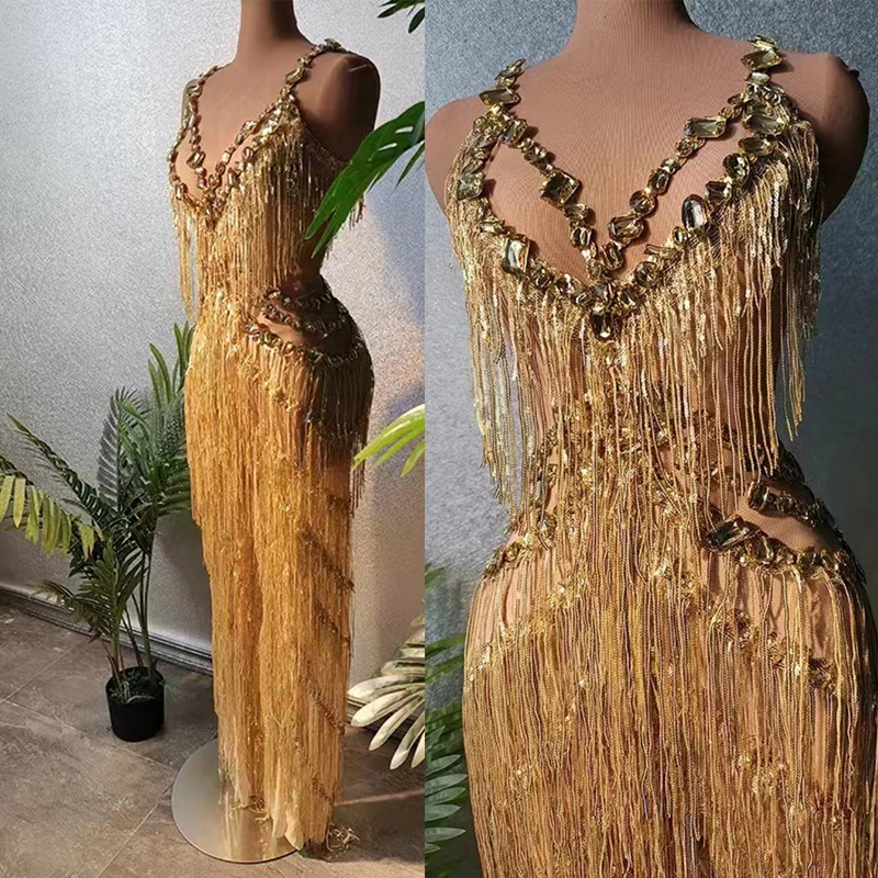 

Nightclubs Bar Dj Costumes Women'S Full Diamond Gold Tassels Printing Slit Dresses Drag Queen Costumes Dj Stage Wear DN14371