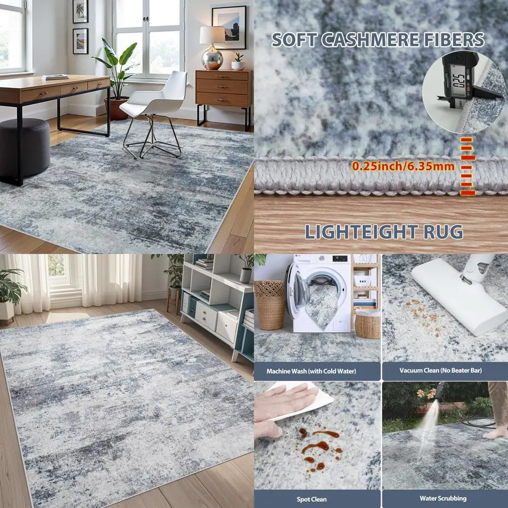 

Моющийся абстрактный ковер 5x8 футов, идеально подходит для гостиной, столовой, спальни и домашнего офиса - современный сине-серый