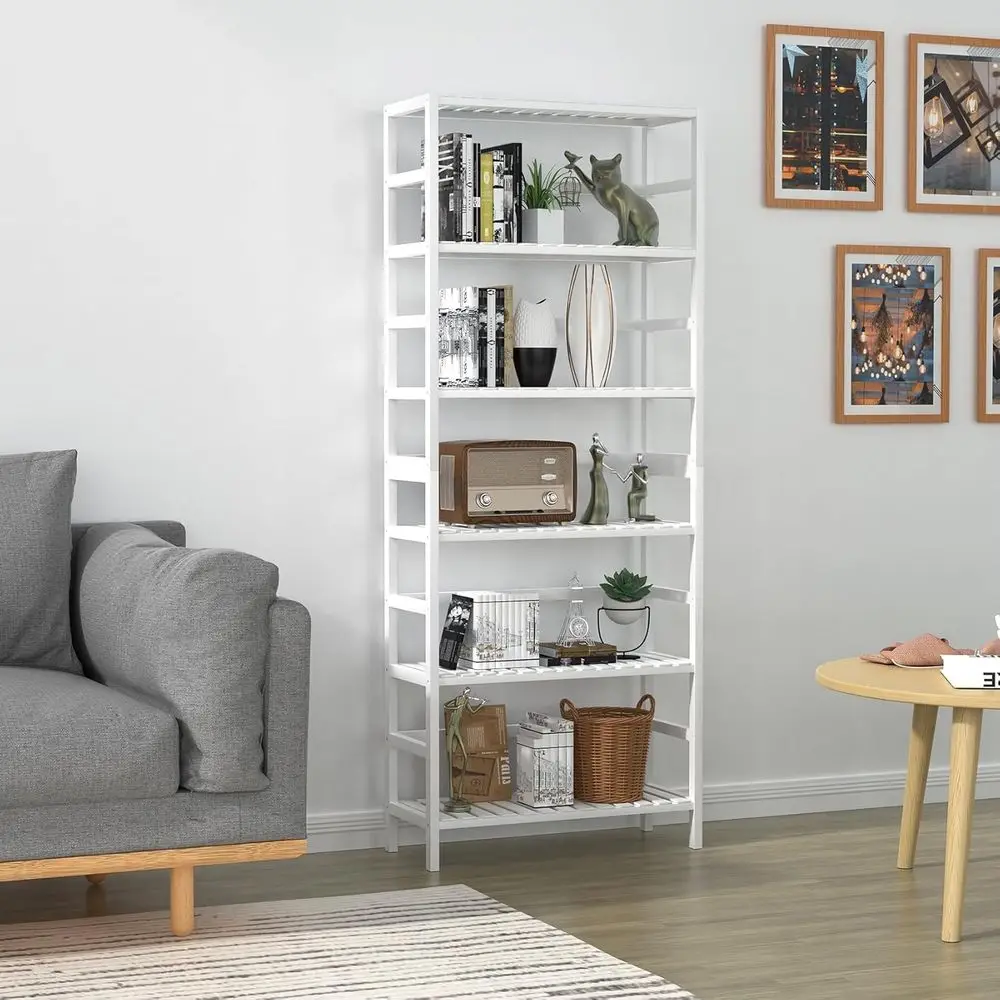 Estantería de bambú de 6 niveles: almacenamiento multiusos ajustable para el hogar, color blanco