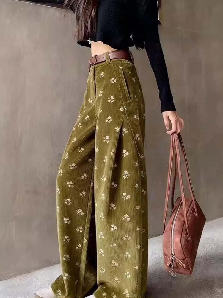 2026 Spring Fall Women Floral Pattern Wide Leg High Waisted Green Corduroy Pants , Woman Vintage Casual Trousers
