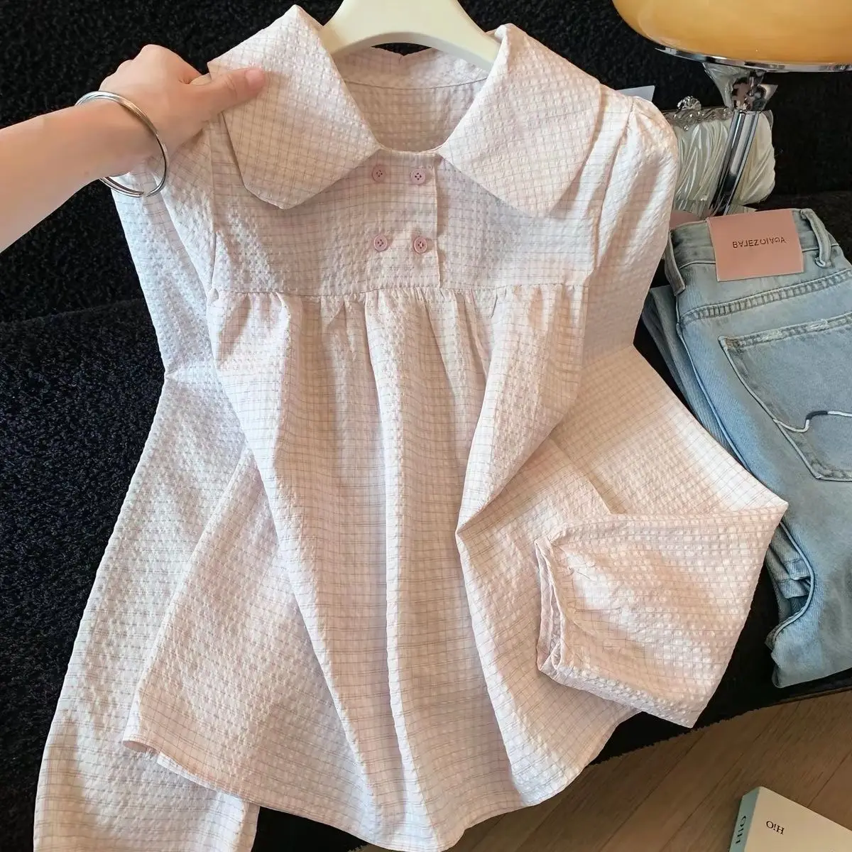 Kimotimo Sweet Plaid Long Sleeve Shirt Women Peter Pan Collar Buttons Loose Tops Mujer Korean Chic Y2k Aesthetic Casual Blouse