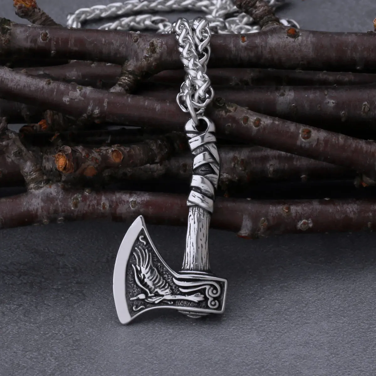 Viking Wolf and Crow Axe Pendant Retro Slavic Odin Amulet Men's Fashion Charm Stainless Steel Pendant Necklace Jewelry Gift - view 3