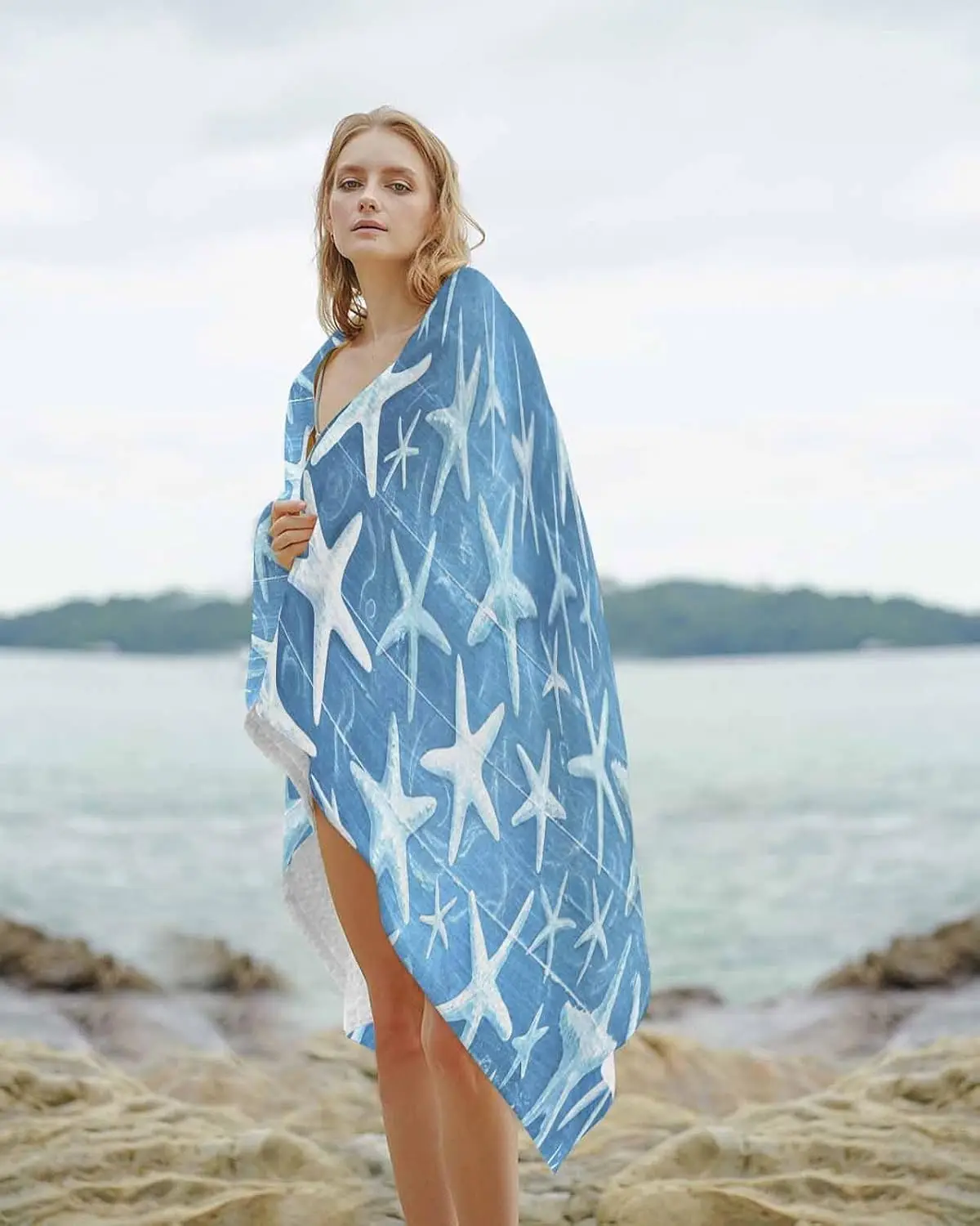 Beach Towel Blue Starfish Bath Pool Towels Summer Ocean Wood Grain Soft Absorbent Beach Towel Lightweight Large Quick Dry Swim