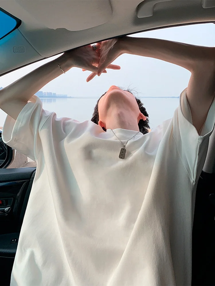 

White Heavyweight Men's ort Sve T-irt Summer American Sle Small Collar Seven-Foot Loose Fit Trendy Brand Teen f S...