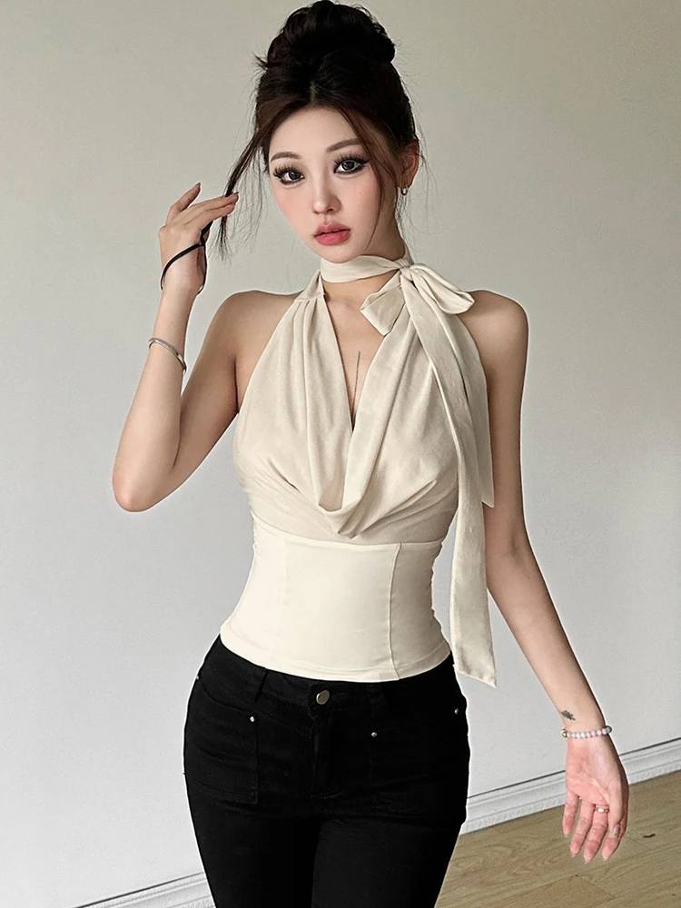 Korean Fashion Sleeveless Tank Tops Women Vintage Plaid Y2k Crop Top Female Casual Outdoors Backless Blouse Chic Streetwear