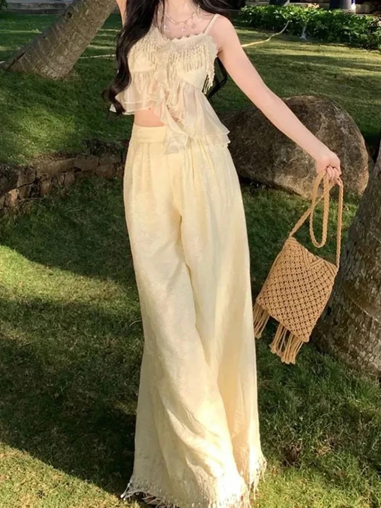 

Лето 2023, нежное чистое желание, неравномерные многослойные широкие брюки, открытый кардиган, футболка, комплект, женский ансамбль Faion