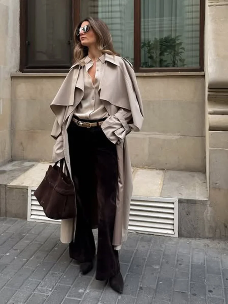 

Стильный женский длинный тренч с отложным воротником и шнуровкой, повседневный, с длинными рукавами, двубортный, свободный, ветрозащитный, весенняя куртка для города 2026