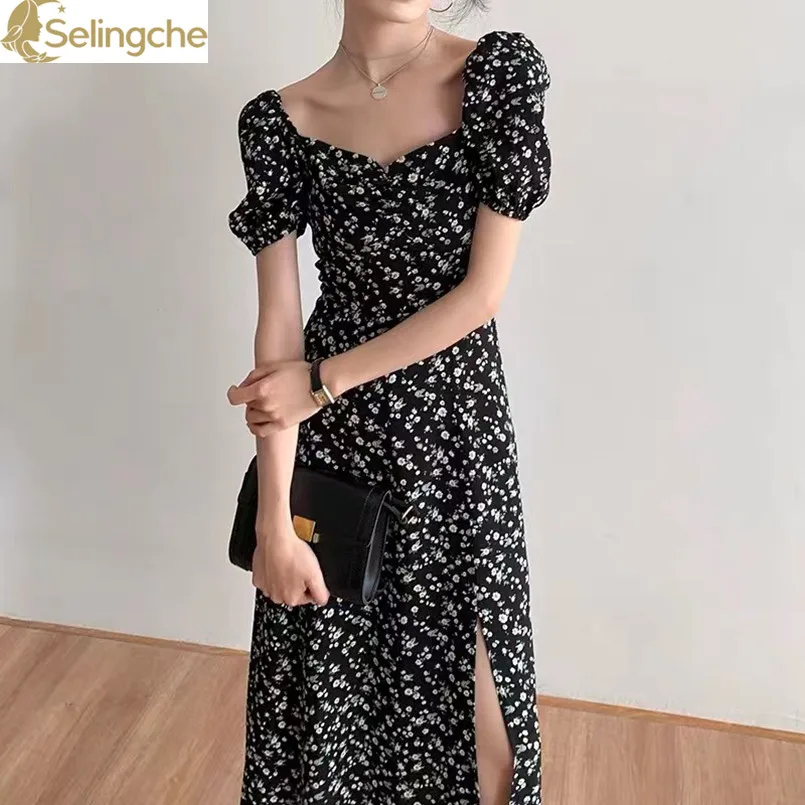 

French First Love Sweet Square Neck Bubble Sleeve Small Fresh Fragmented Flower Dress Black Temperament Long Skirt