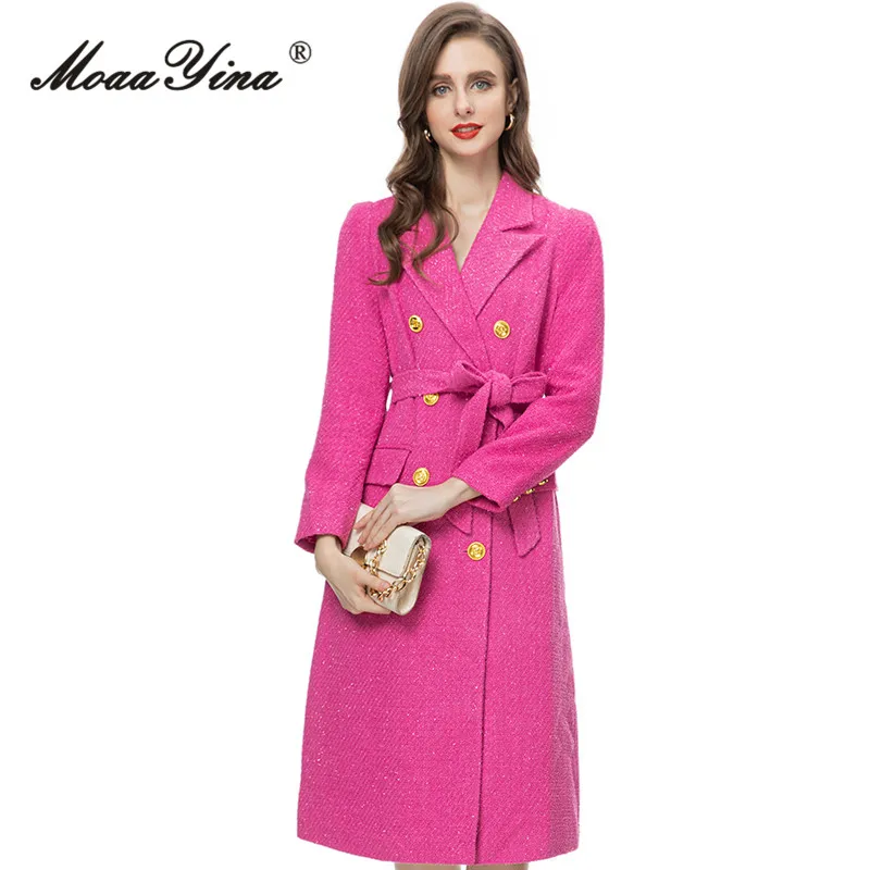 

MoaaYina Winter Fashion Runway Rose Red Vintage Blends Coat Women Lapel Long Sleeve Frenulum Button Pocket Slim Long Blends Coat