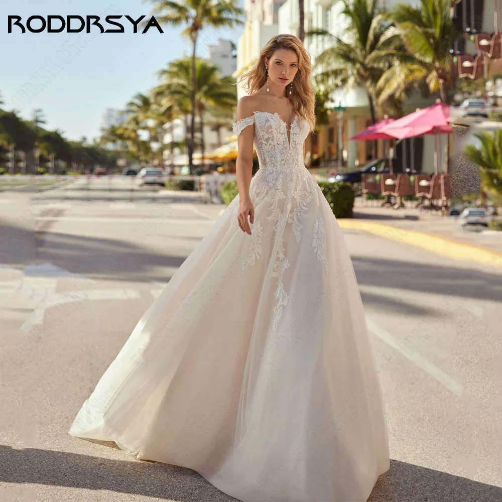 RODRSYA Boho Off Shoulder Vestidos de Noiva Vestidos Sweetheart Backless VestRODDRSYA Boho Fora Do Ombro Vestidos De Casamento Vestidos Sweetheart Backless Noiva Vestido Applique A-Line Tulle Plus Size Vestido De Noiva