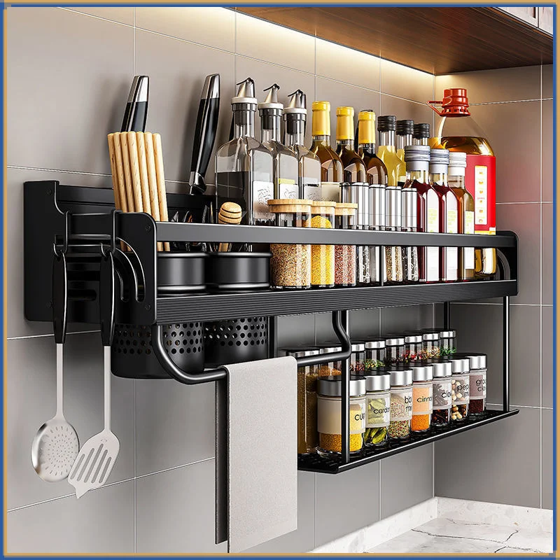 Kitchen Shelf Wall-Mounted Spice Storage Racks Kitchen Knife Holder Seasoning Shelf Organizer Punch-Free