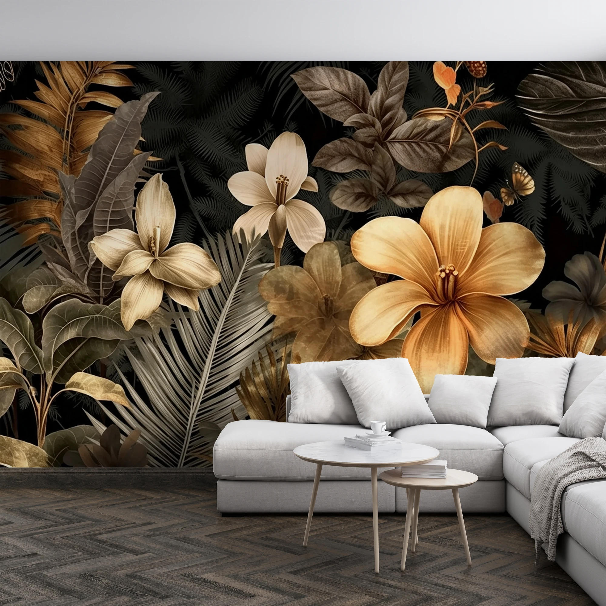 Black Background Golden Tropical Floral Wallpaper, Vintage Palm Leaf Flower Wall Mural, Home Wall Decor