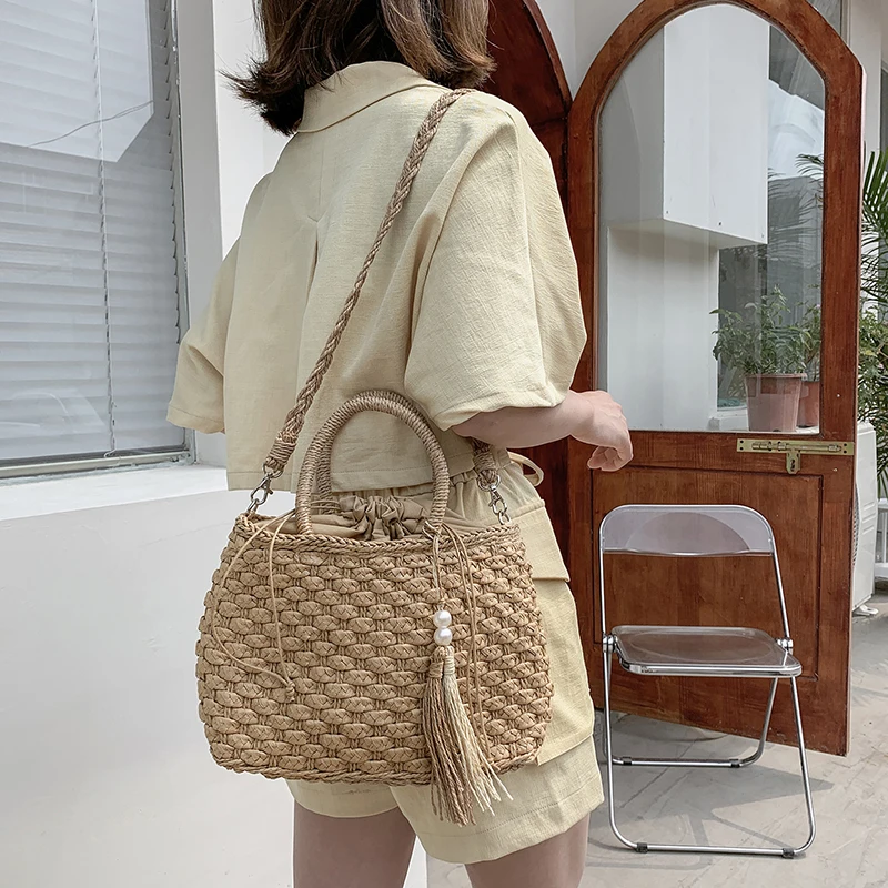 Boa qualidade artesanal rattan tecido palha saco de verão mulheres mensageiro crossbody sacos meninas grande praia mão saco 2022 tote travle saco