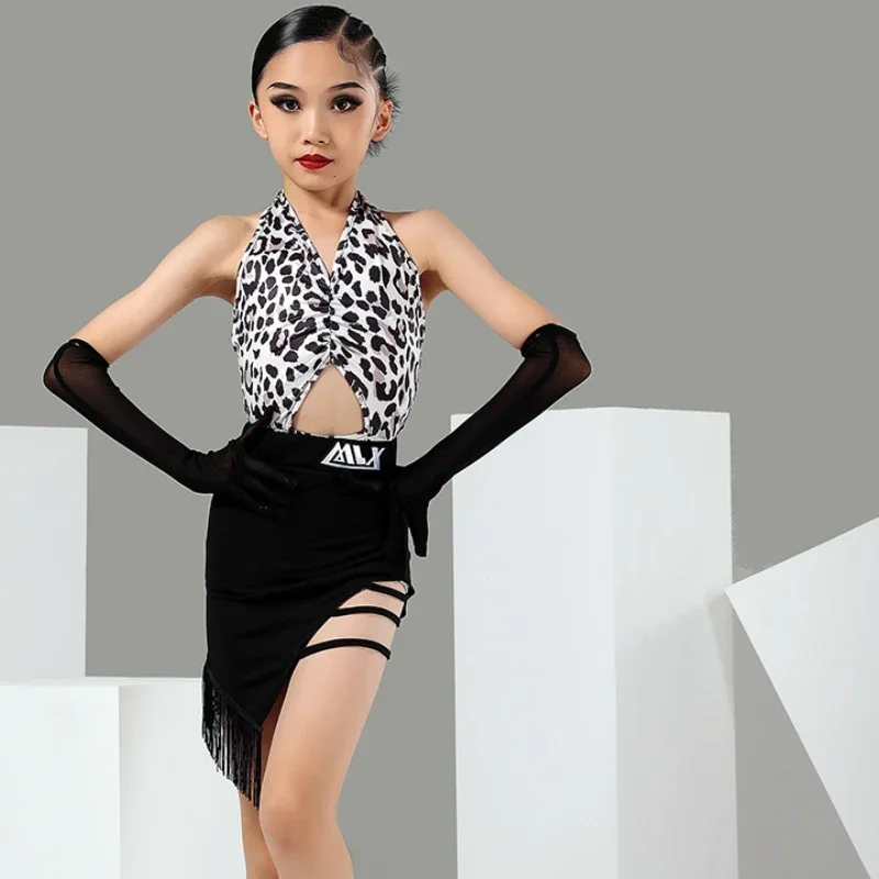 Abito da ballo latino per bambini Top e gonna leopardati Costumi da ballo per spettacoli teatrali latini per ragazze