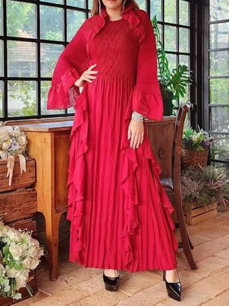 LANMREM Fashion Pleated Dress For Women Ruffles Long Sleeves Maxi Elegant Party Dresses With Belt 2023 Autumn New 2DA1710