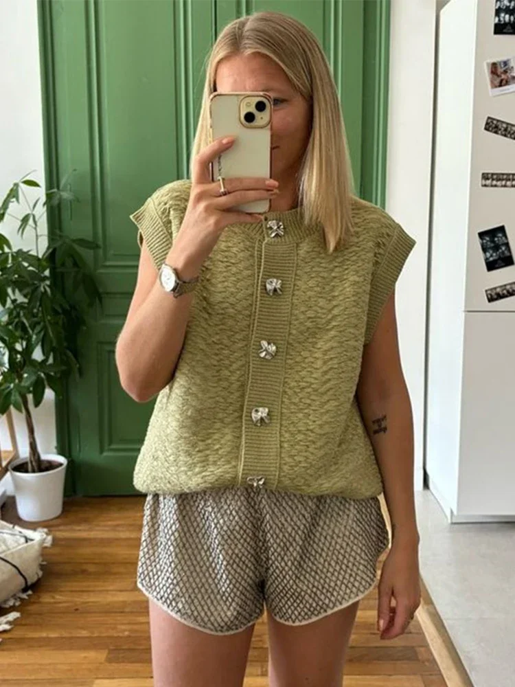 Casual Green Knitted Vests Sweater Women Chic Single-breasted Sleeveless O-neck Cardigan 2024 Autumn Lady High Street Knitwear