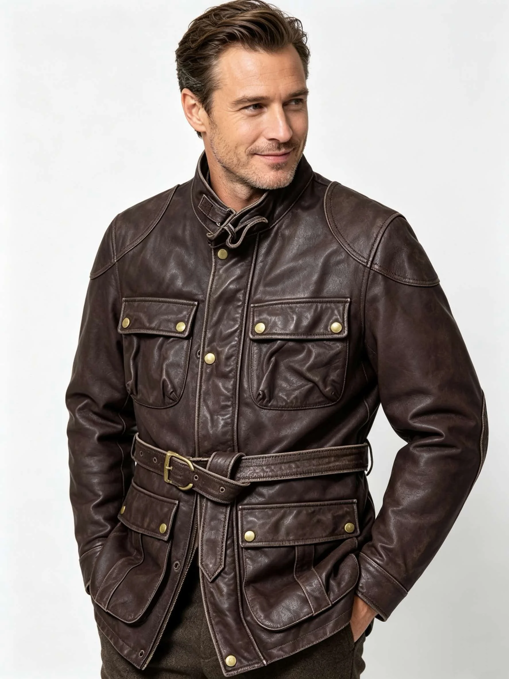 Dark Brown Autumn Leather Jacket Men Retro Style Plus Size 4XL Genuine Natural Cowhide Stand Collar Belt Vintage M65 Coat
