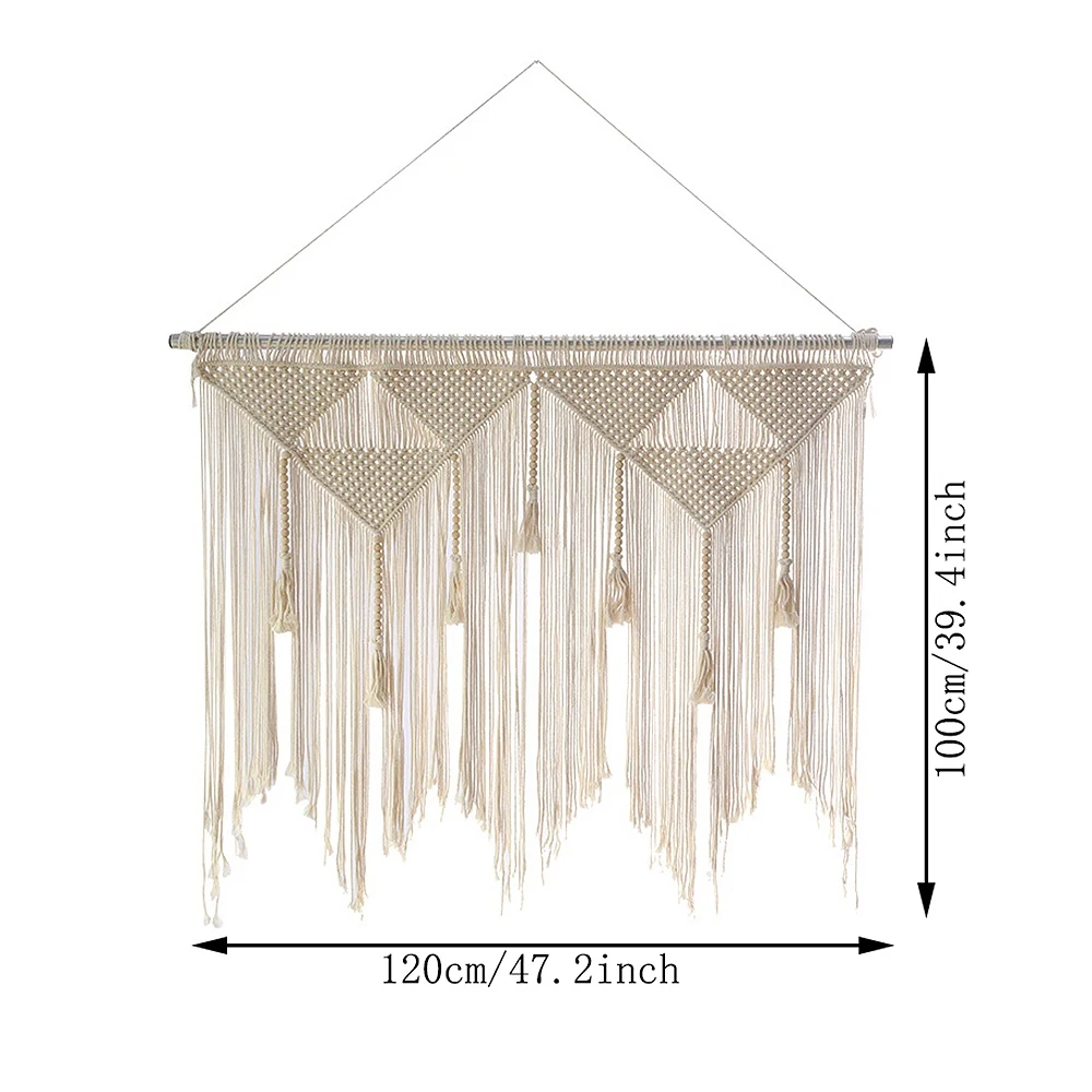 Macrame Wall Hanging Boho Woven Tapestry, Beige White Tassel Decor Curtain for Home Backdrop (Wood Stick Not Included)