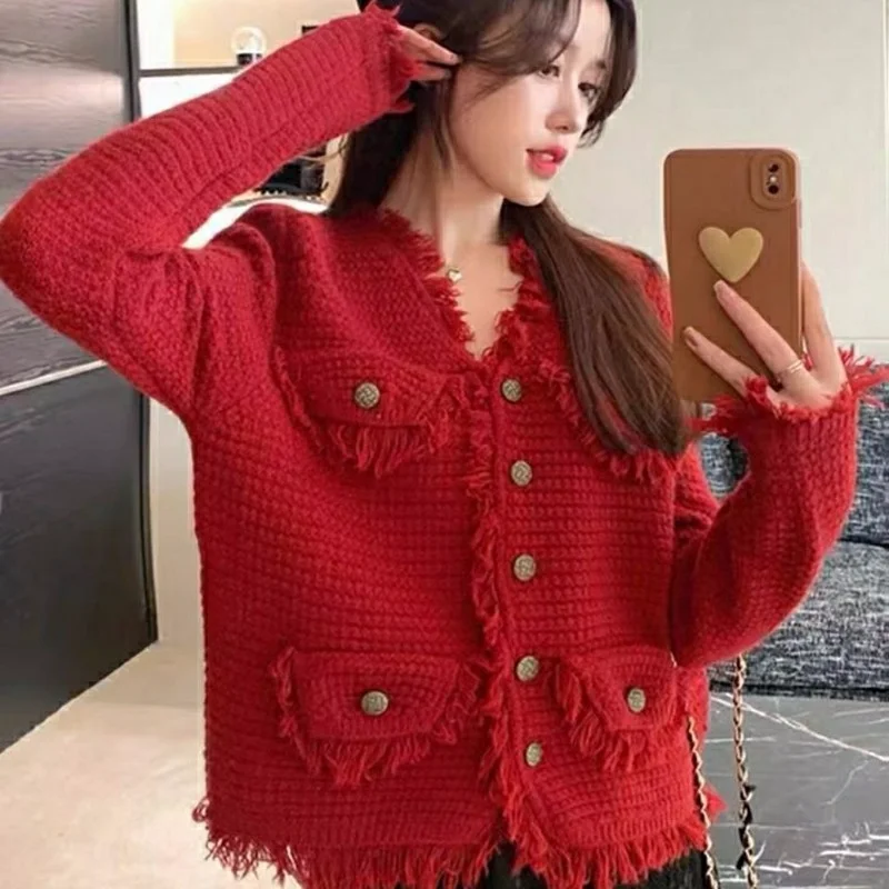 Small Fragrant Wind Sweater Jacket Spring 2023 New New Year Red High-level Temperament Stream Snorkel-sleeve Sweater Female