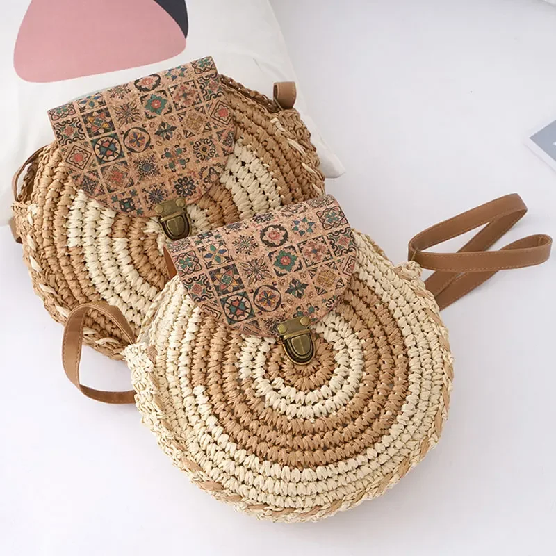 YoReAi Round Straw Beach Bag Vintage Handmade Woven Shoulder Bags Raffia Circle Rattan Bohemian Summer Vacation Diagonal Pack