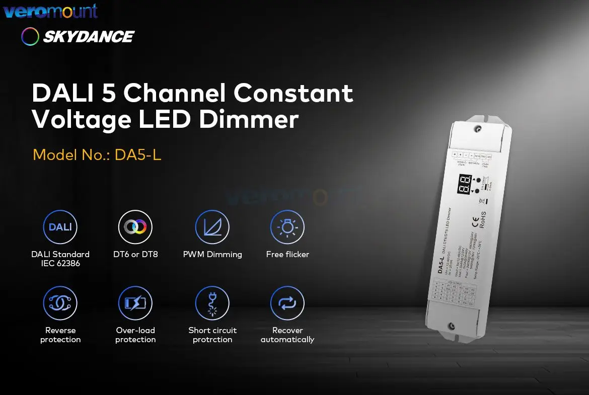 Skydance 5CH*4A 12V-48VDC CV DALI LED Dimmer 5 Channel 24V Controller  Constant Voltage DA5-L（DT6/DT8）For RGB RGBCCT LED Light image 4
