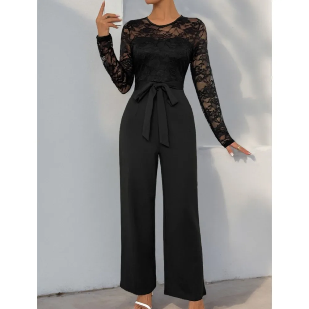 

Модный однотонный комбинезон с круглым вырезом и длинными рукавами, новый женский кружевной лоскутный комбинезон на молнии с галстуком, повседневный свободный комбинезон