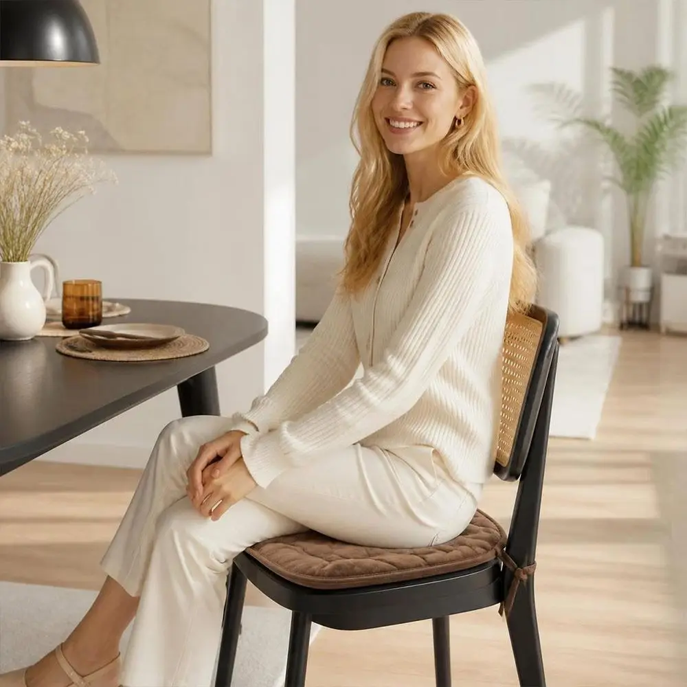 Flannel Chair Seat Cushion Thick Padded Tie-On Straps Dining Chair Cushion Non-Slip Quilted Surface Stool Seat Pad