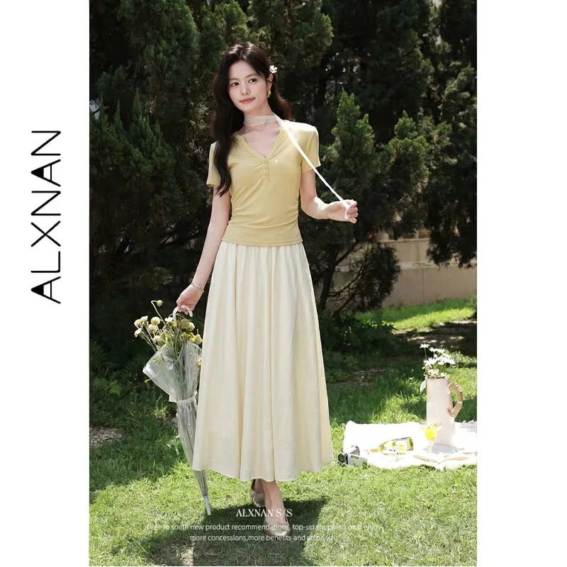 ALXNAN Women's Apricot Skirt Elegant Casual High Waist A-line Relaxed Loose-fit Midi Skirt Summer New Female Clothing L53812-3