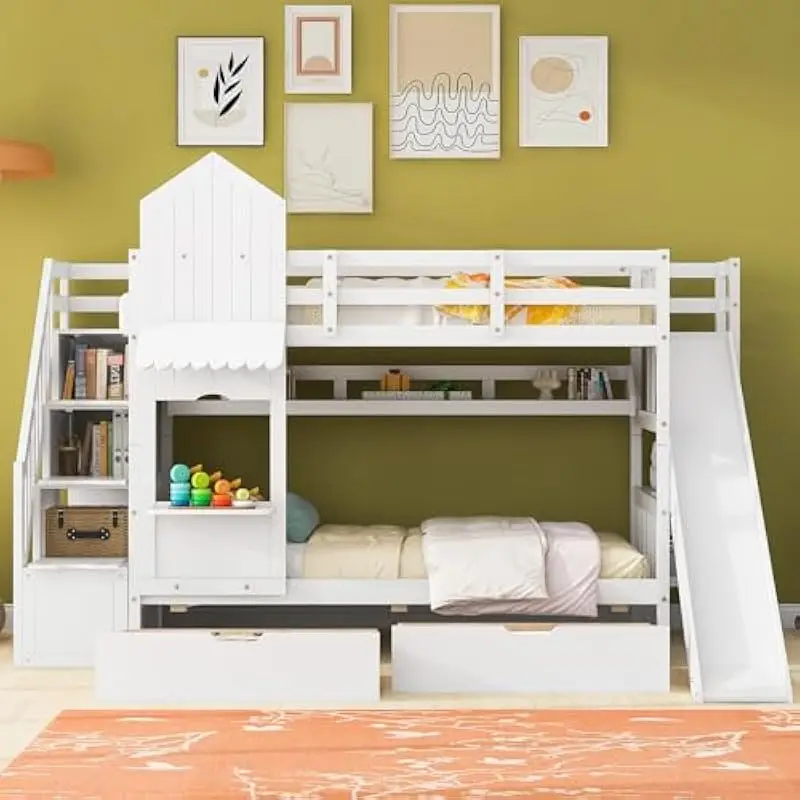 Twin over twin elevated sleeping system with integrated play slide staircase design modern wooden construction featuring two con