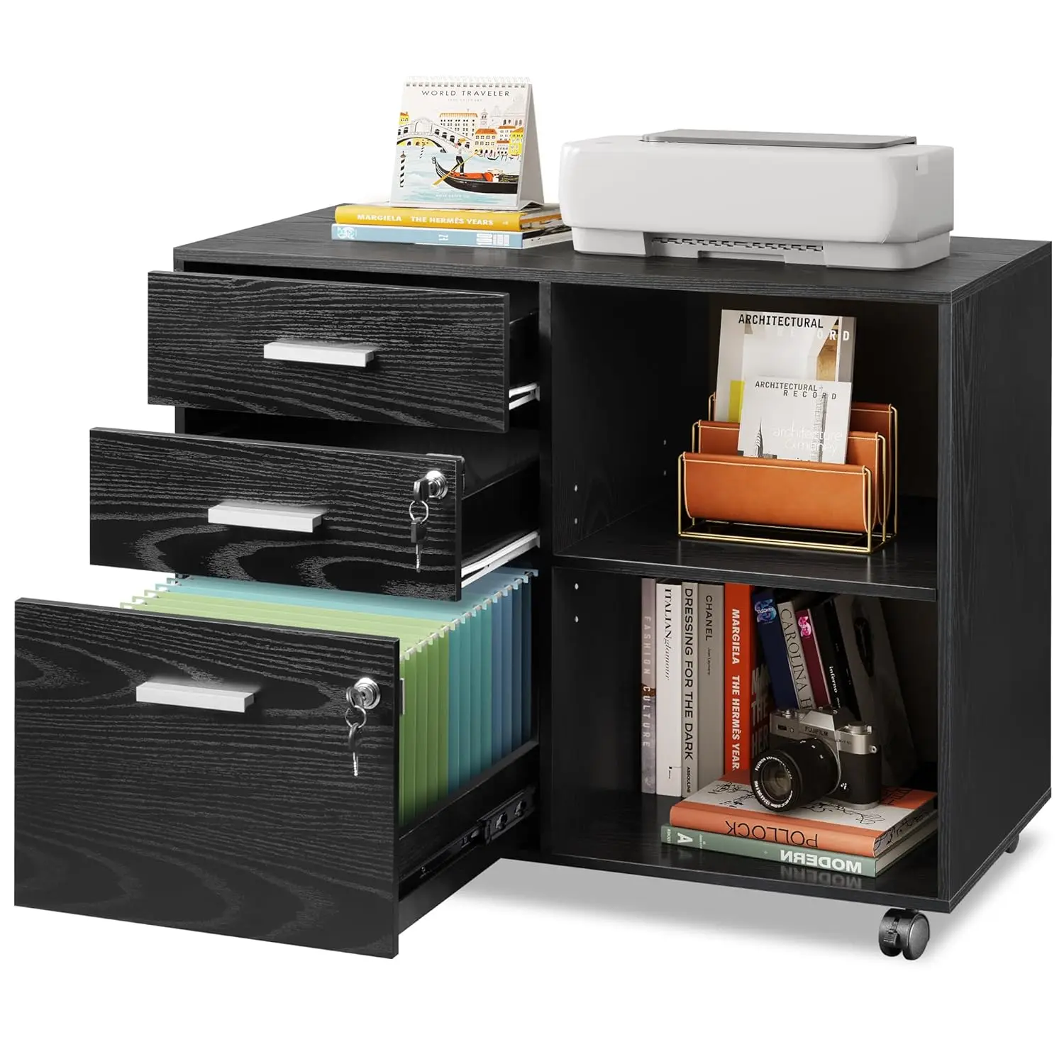 

Трехящичный деревянный шкаф для документов с замком, мобильный боковой картотечный шкаф, подставка для принтера с открытыми полками для хранения, на заказ