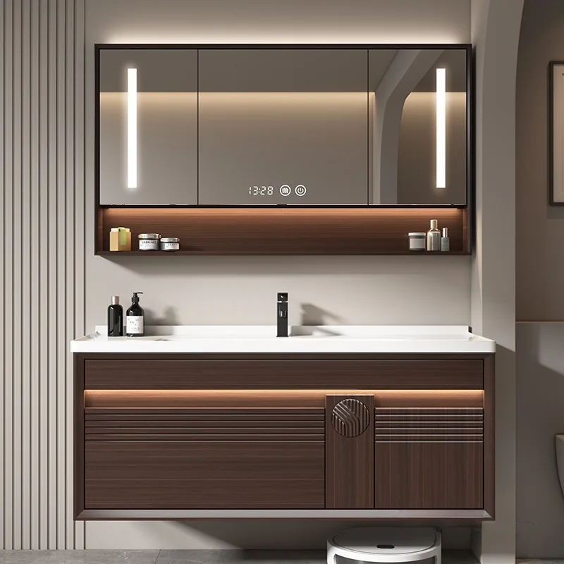 Chinese-style walnut wood color black gold wood baked lacquer bathroom cabinet ceramic integrated basin solid wood