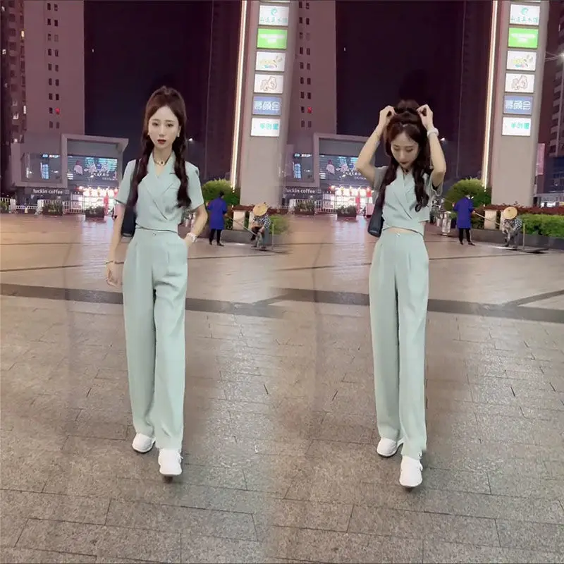 Spring and Summer New Temperament High-end Fashion Set Short Design Suit French Wide Leg Pants Age Reducing Two-piece Set