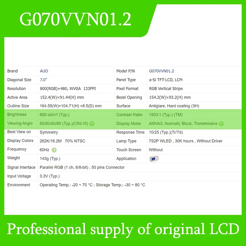 G070VVN01.2หน้าจอ LCD ขนาด7.0นิ้วส่งเร็วที่ผ่านการทดสอบแล้ว