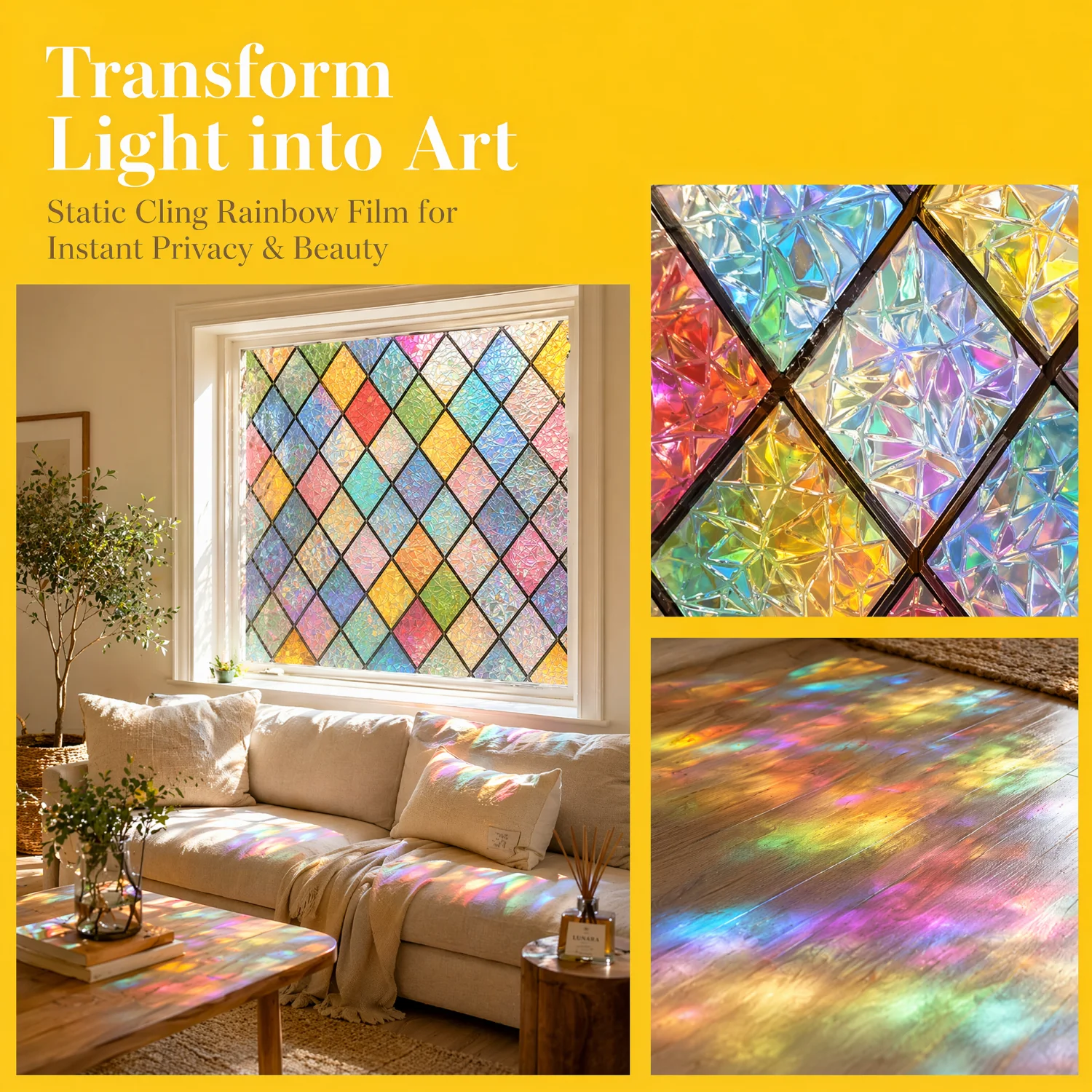 Diamant-Buntglas-Sichtschutzfolie, statisch haftend, ohne Kleber, Regenbogenprisma, abnehmbar, UV-Schutz für Zuhause, Wohnzimmer, Schlafzimmer