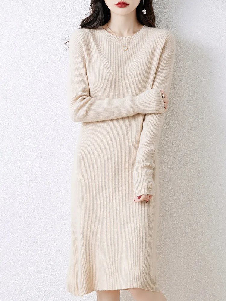 

New 100% Merino Wool Knitted Women's Dress Hot Selling Spring Autumn Winter O-neck Pullover Sweater Female Slimming Long Dress