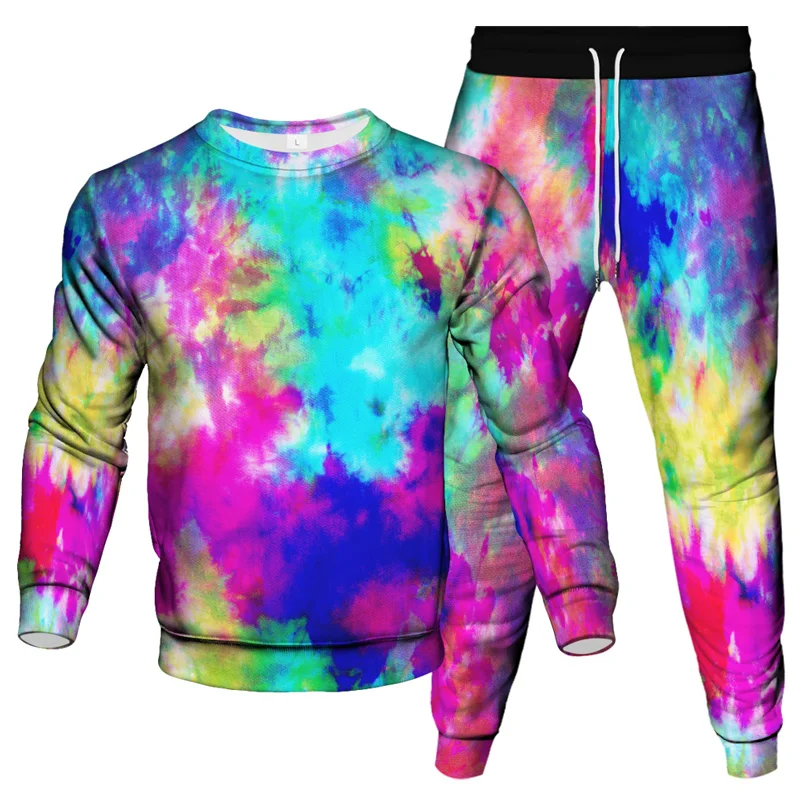 New Spring Autumn Men Colorful Vortex Tie Dye Clothes Suit Jogging Pant Sweatshirt 2Pcs Set Outdoor Fashion Casual Tracksuit