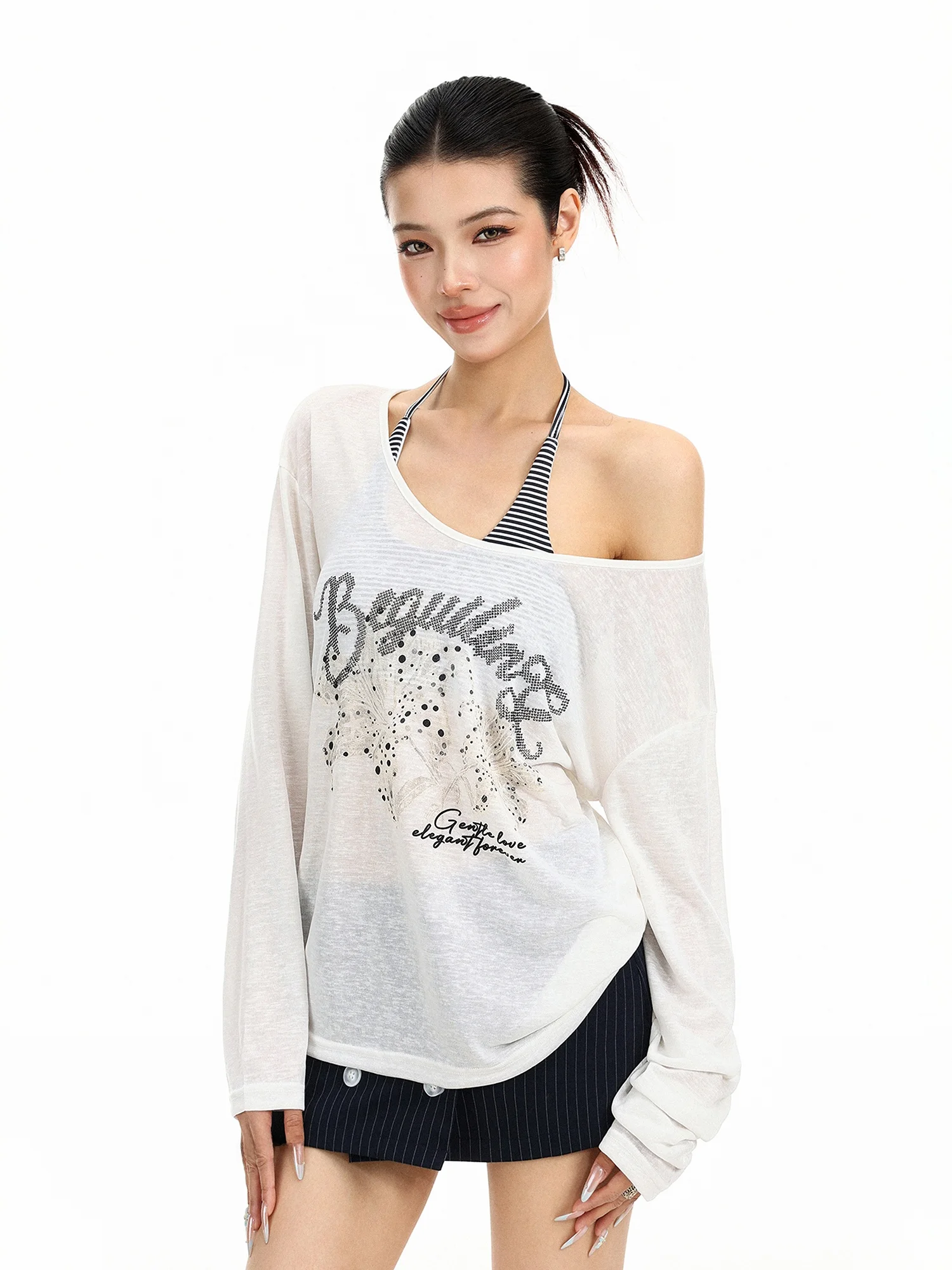 Women's Casual Loose Fit Long Sleeve T-Shirt Set with Cover up Striped Print Neck Hanging Design Summer Breathable Comfortable