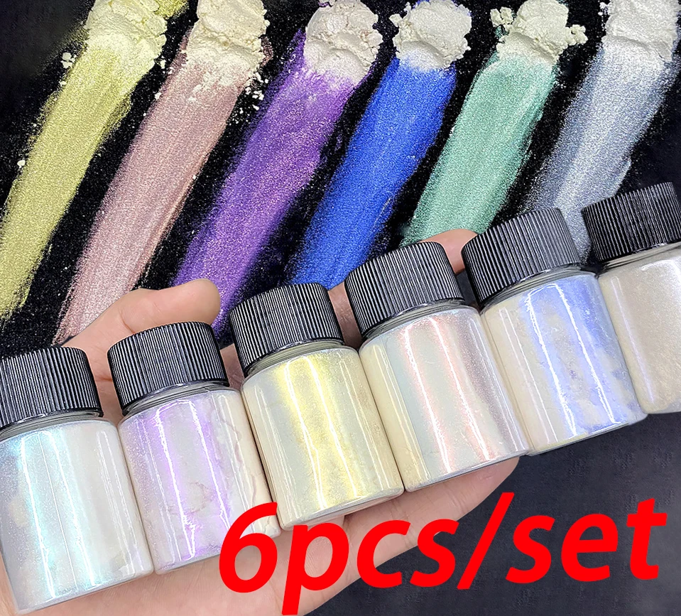 6 Potten Zeemeermin Chroom Nagel Poeder Aurora Iriserende Poeder Pigment-Wit Eenhoorn Chroom Stof Opaal Parel Mica Poeder 10G/Pot