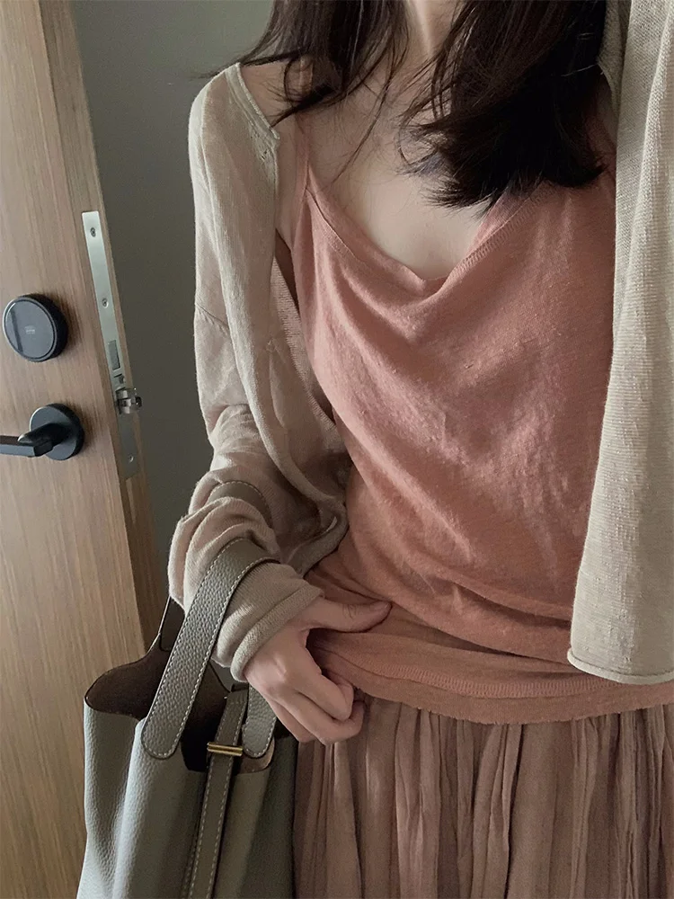 

Женский вязаный жилет из льна, цвета тыквы и состаренного льна, стандартной длины, приталенный, летний, повседневный