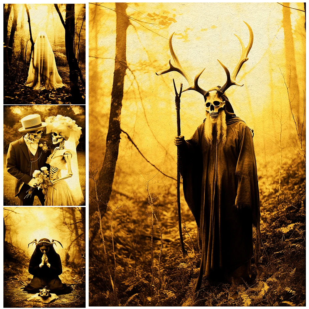 

Romantic Skeleton Couple And The Praying Witch Vintage Wall Art Canvas Painting Gothic Occult Art Poster And Print Home Decor