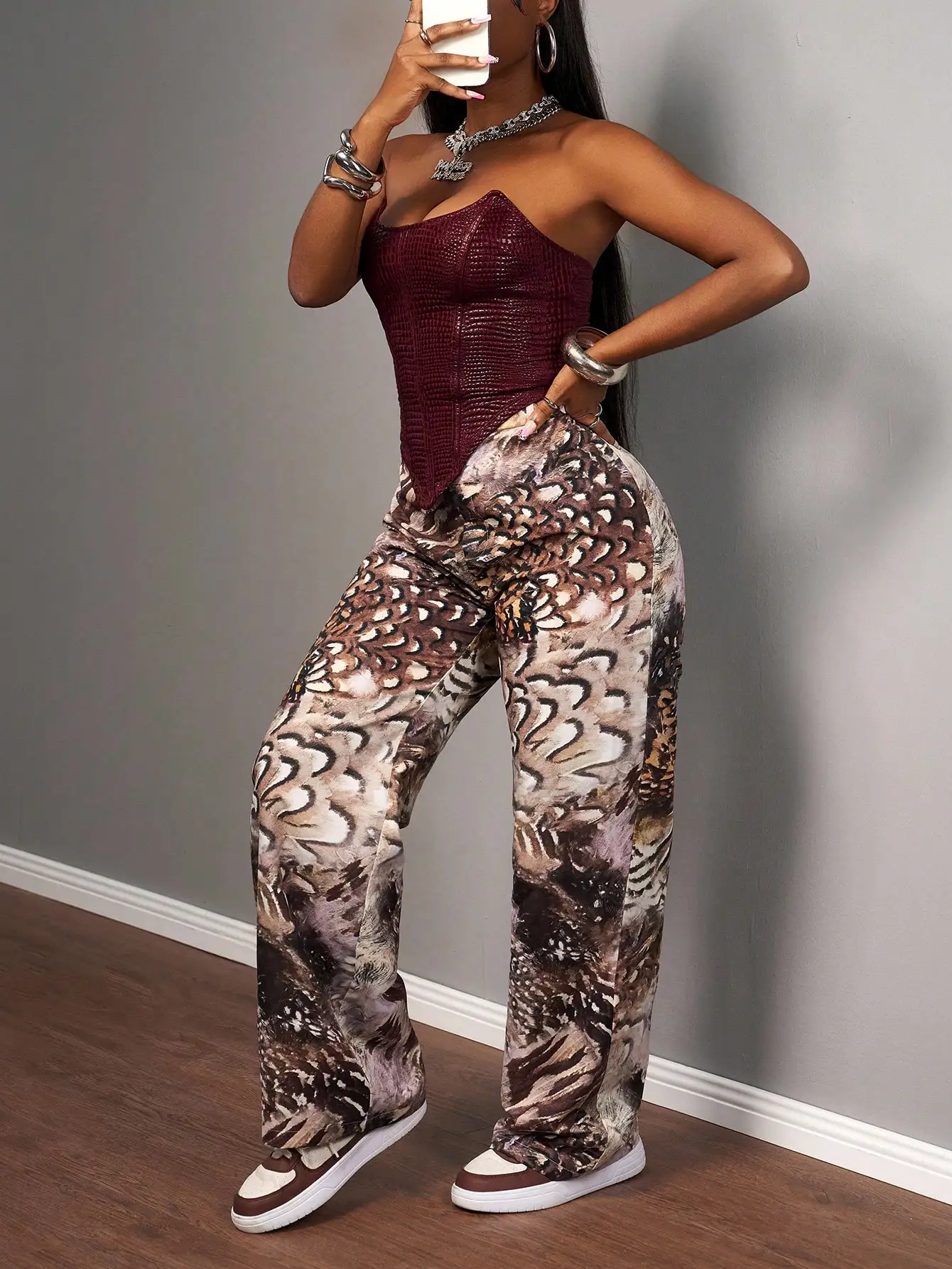 Wijnrode PU corsettop & wijde broek met print, dames 2-delige set voor feest, rave, Halloween