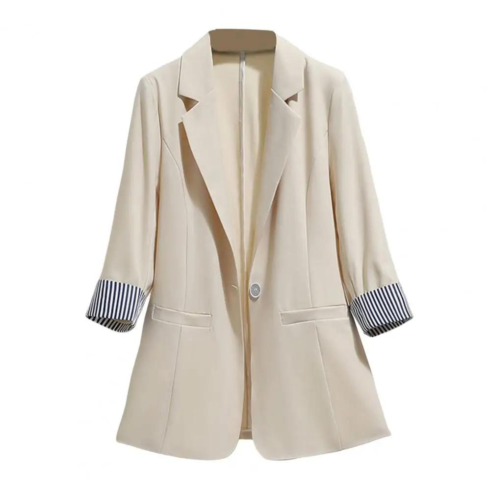 Women Lightweight Suit Coat Elegant Lapel Suit Coat with Striped Cuffs Single Button Design for Women Stylish Business Workwear