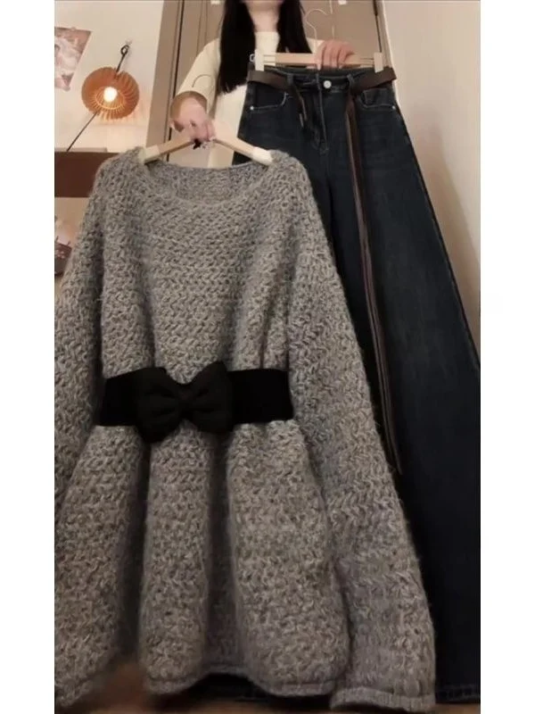 

Knot Knitted Top High Waist Bell Bot Jeans Two Piece Set Lazy Sle Autumn Winter Faion Women's Ensemble